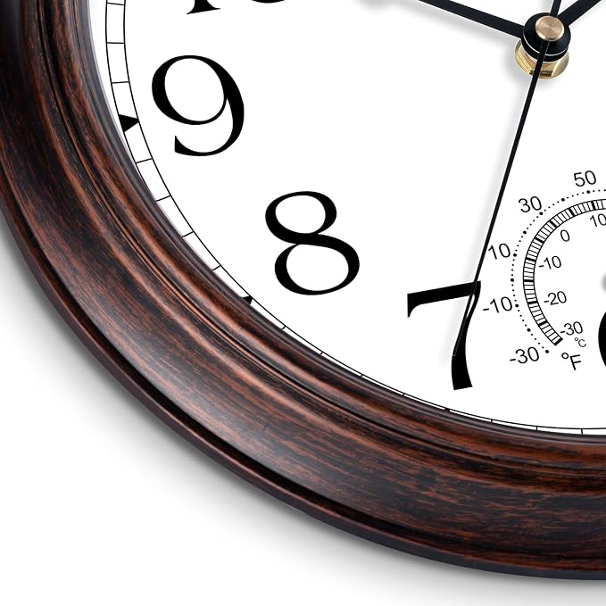 KECYET 14 Inch Outdoor Wall Clock with Thermometers, Vintage Silent Wall Clocks Battery Operated, Retro Non-Ticking Clock Decorative for Living Room, Patio, Kitchen, Office, Bathroom, Bedroom(Bronze)
