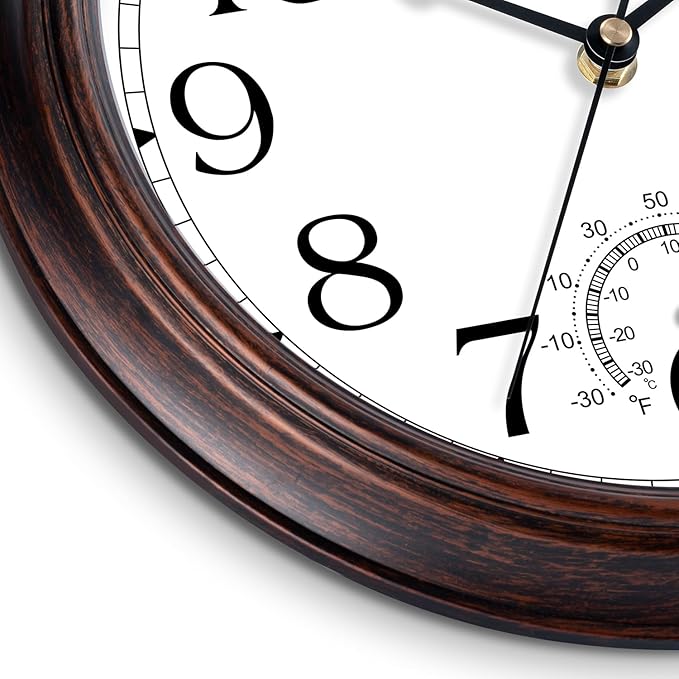 KECYET 8.5 Inch Outdoor Wall Clock with Thermometers, Vintage Silent Wall Clocks Battery Operated, Retro Non-Ticking Clock Decorative for Living Room, Patio, Kitchen, Office, Bathroom, Bedroom(Bronze)