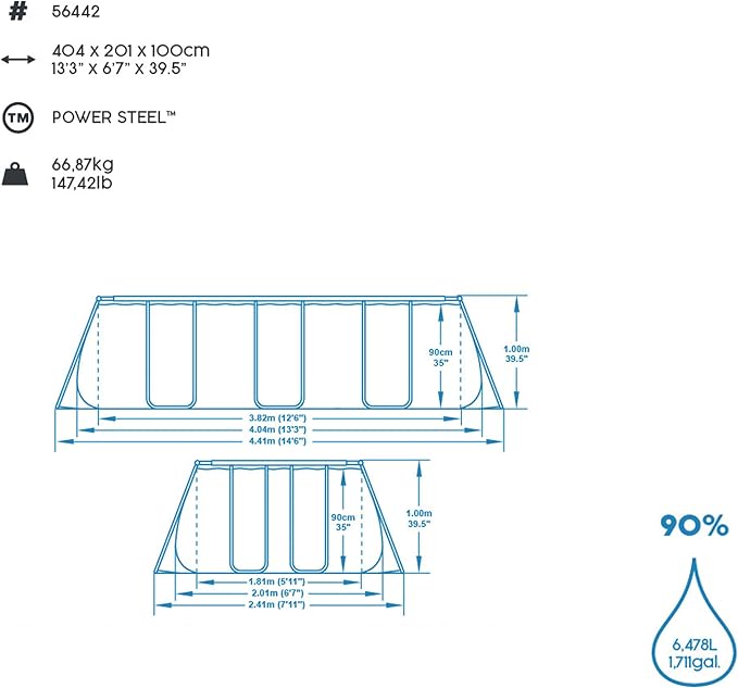 Bestway Power Steel Frame Pool-Set mit Sandfilteranlage 404 x 201 x 100 cm, lichtgrau, eckig