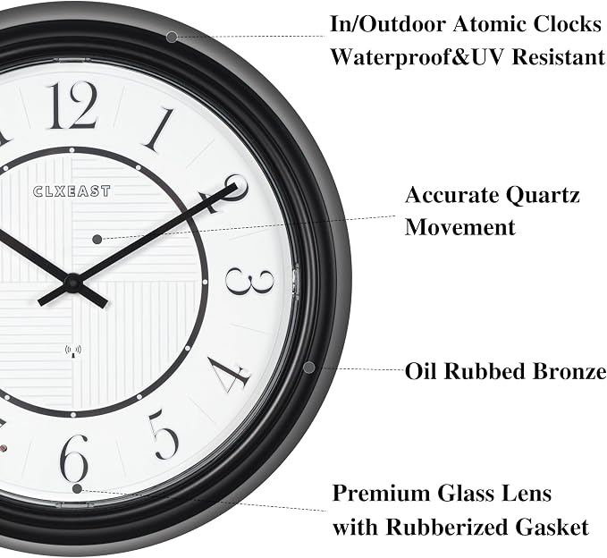 CLXEAST 14 Inch LED Illuminated Indoor Outdoor Atomic Analog Wall Clock Battery Operated, Glow in the Dark Wall Clock for Living Room, Home Office,Bathroom,Kitchen,Oil Rubbed Bronze Black Finish