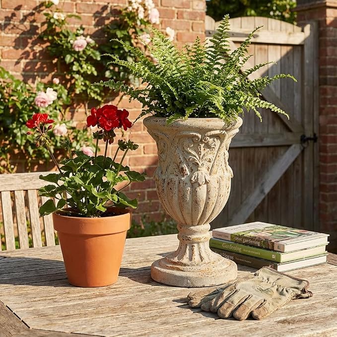 12 Inch Vintage Urn Planters for Outdoor Plants, Embossed Design Durable and Sturdy Resin Fiber Flowerpots with Drainage Hole, Decorative Orchid Houseplant Pot Indoor Outdoor Plant Container
