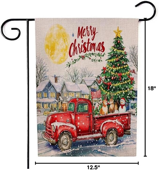EMMTEEY Truck Garden Flag Red Truck with Christmas Tree House Burlap Garden Flags 12.5X18 Small Christmas Flag Double Sided Winter Garden Flags for Outside Outdoor Garden Flags for Winter Decoration