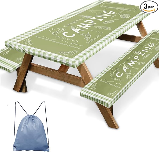 Picnic Table Cover with Bench Covers Elastic Edges, Green Camper Fitted Table Cover, Outdoor Patio Camping Essentials 72 Inch 3PCS, Waterproof Camping Fitted Tablecloth with Drawstring Bag
