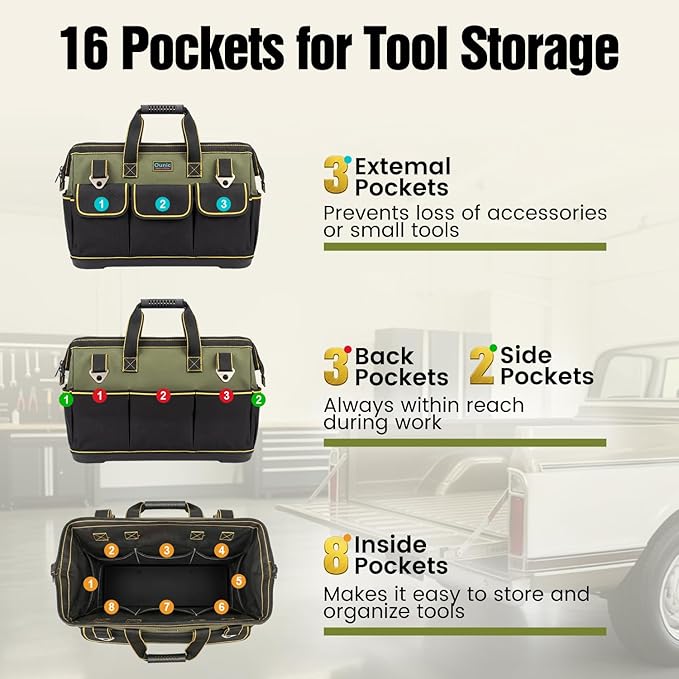 Tool Bag, Ounic 16 Inch BigTool Tote Bag Heavy Duty With Waterproof Molded Base, Wide Mouth Tool Box Organizer with Adjustable Shoulder Strap for Electrician Mechanic Craftsman Plumbers(Green)