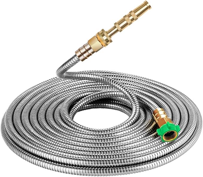 BEAULIFE 50 ft Metal Garden Hose, Solid Brass Fittings, 304 Stainless Steel Heavy Duty, No-Leak & Kink Free, Brass Garden Hose Nozzle Flexible for Yard, RV, Pet Bath, Outdoor Garden