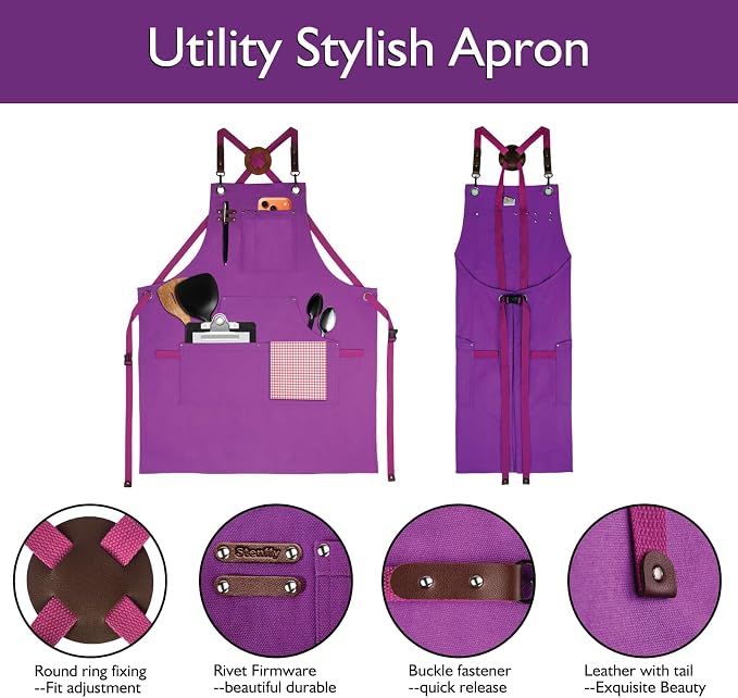 Kitchen Apron, Work Apron, Canvas, Multiple Pockets, Gardening, Painting, BBQ, Artist, Carpenter, Sizes M to XXL, Purple | Multiple Pockets, Gardening, Painting, BBQ, Artist, Carpenter, Sizes M to XXL