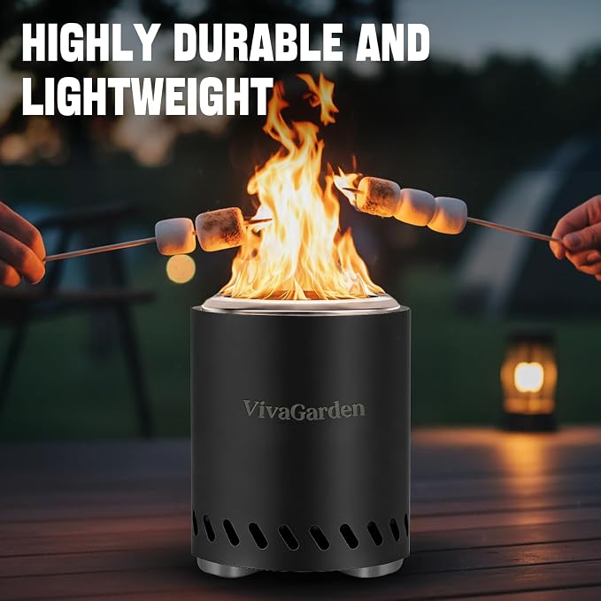 Smokeless Tabletop Fire Pit, VivaGarden Portable Outdoor Fire Pit for Camping, Patio, Backyard, Wood and Pellets Burning Camping Stove with Carry Bag, Forks, Mat and Pot Stand (9.7x7.1 Inch, Black)