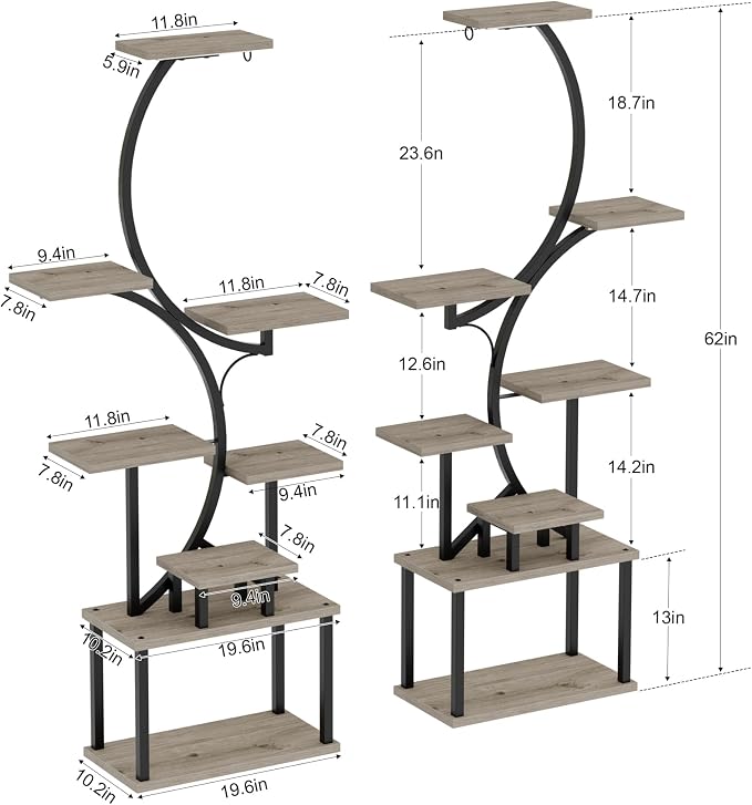 BACEKOLL Plant Stand Indoor with Grow Light - 2 Pack Tall Indoor Plant Shelf, 62" Corner Plant Holder, 8 Tiered Large S-Shape Flower Multiple Display Shelf for Home, Grey