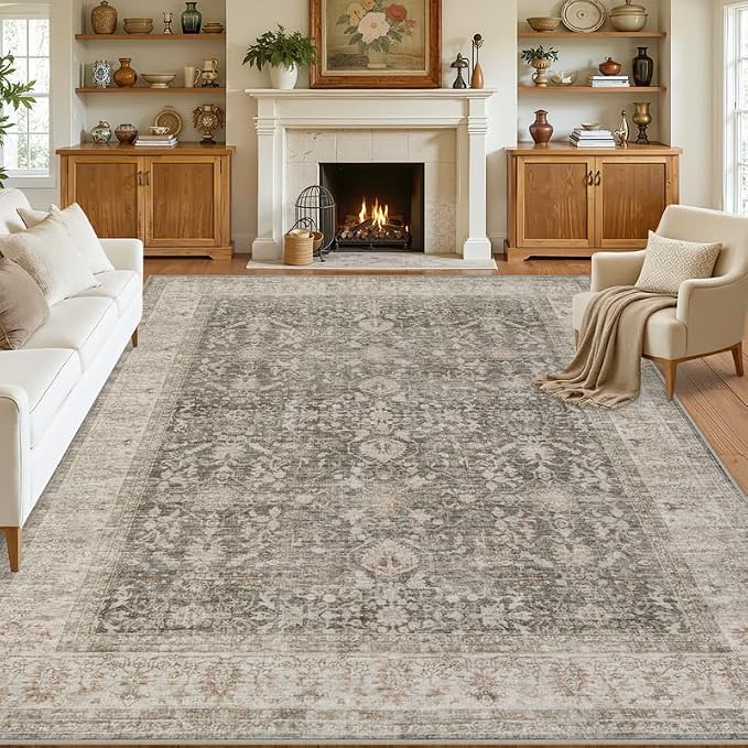 10x14 Area Rugs Living Room: Bedroom Washable Carpet Warm Taupe | Vintage Boho Soft Small Indoor Decor Floor Non-Slip Low Pile Neutral Farmhouse Entryway Laundry Bathroom Bedroom Beside Rugs