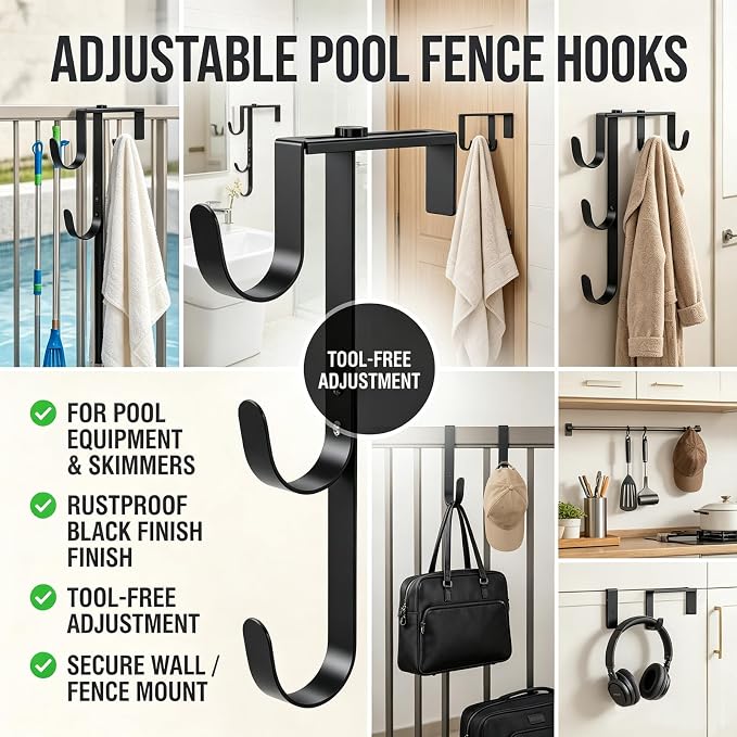 2 Pcs of Three-Layer swimming pool fence hooks, suitable for swimming pool equipment, rust-proof swimming pool net pole hooks, used for hanging tools, rakes, nets and other swimming pool accessories.