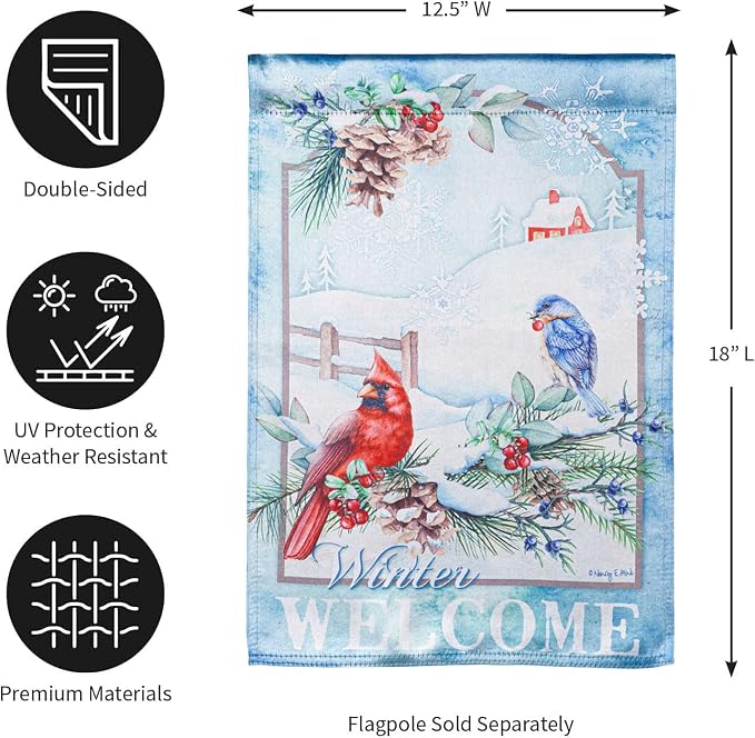 Evergreen Flag Snow Country Birds Lustre Garden Flag 12x18 Double Sided | Winter Garden Flag for Outside | Weather and Fade Resistant | Outdoor Flag For Yards and Gardens
