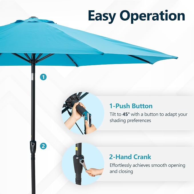 Kiss the Water Outdoor Patio Umbrella, Patio Umbrella with Push Button Tilt/Crank, Outdoor Umbrella with 8 Sturdy Ribs, Large Umbrella for Backyard, Pool, Deck, Market