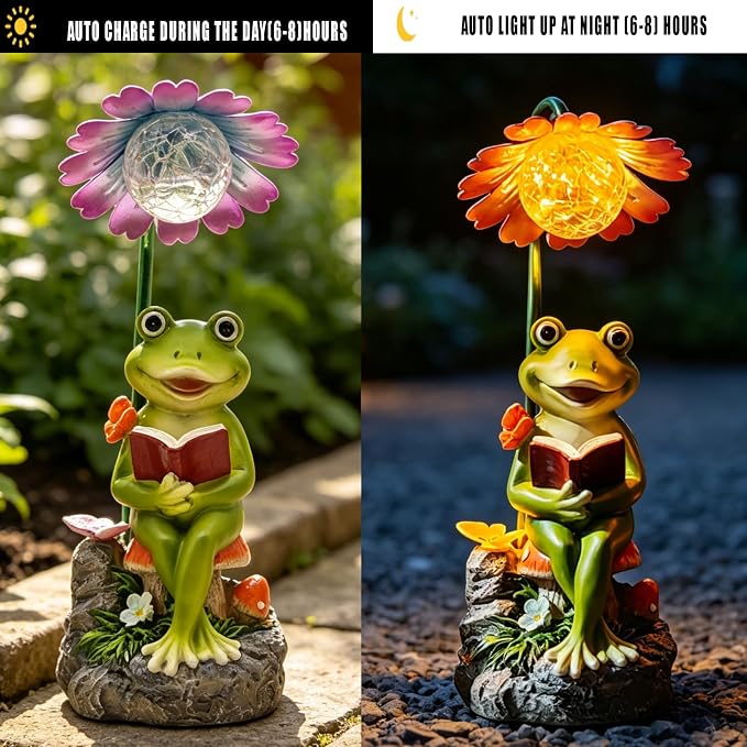 COWOS Solar-Powered Frog Garden Statue with Glowing Flower Light, Miniature Resin Figurine for Outdoor Patio, Yard, Lawn Decor