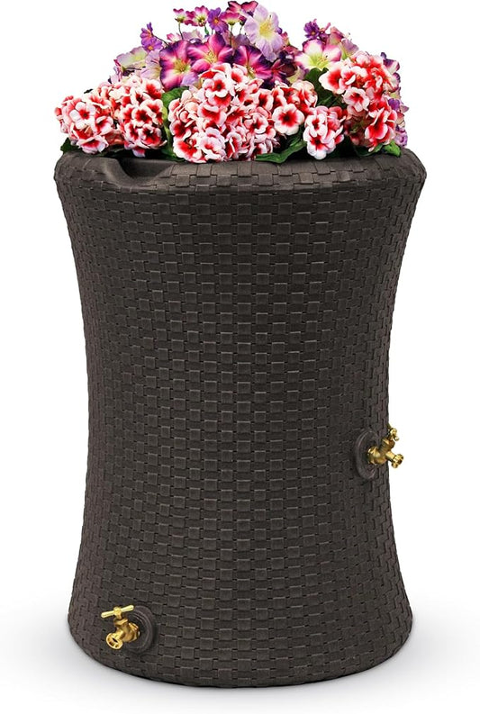 Good Ideas Impressions 50 Gallon Nantucket Outdoor Home Rain Barrel Water Storage Collector with Garden Planter and Brass Spigot, Dark Brown
