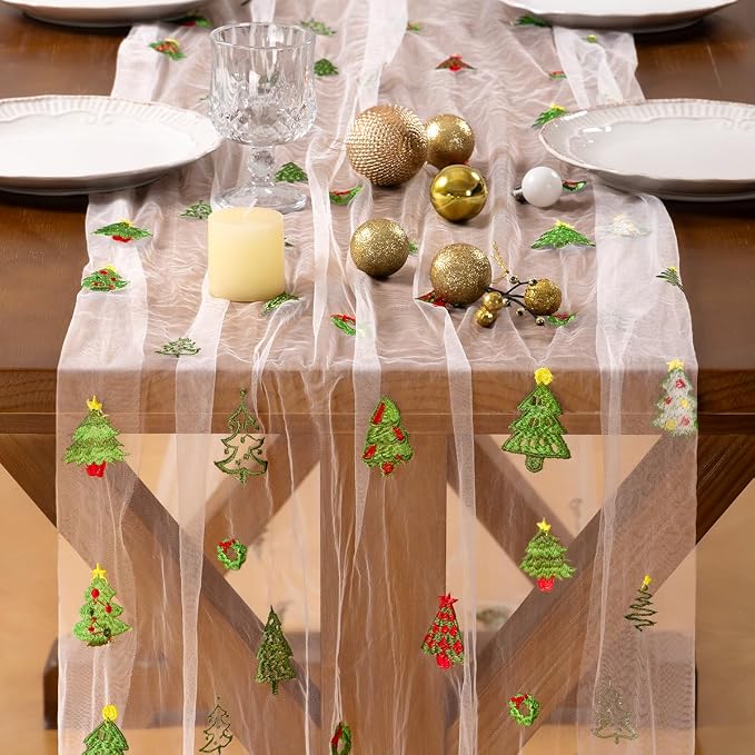 Socomi Christmas Table Runner Tulle Gauze Cheesecloth Embroidery Sheer Table Runners for Winter Wedding Party Baby Shower Birthday Holiday Picnic Home Decor