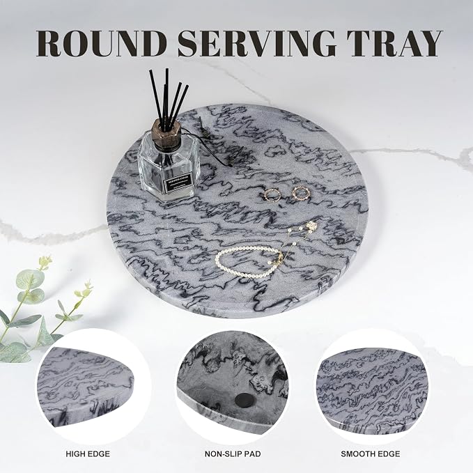Karibiber Natural Marble Tray, 11.8in Serving Tray for Fruit, Round Decorative Vanity Dish for Jewelry&Key, Quality Storage Plate for Kitchen Coffee Table and Bathroom Desktop, Monte Grigio