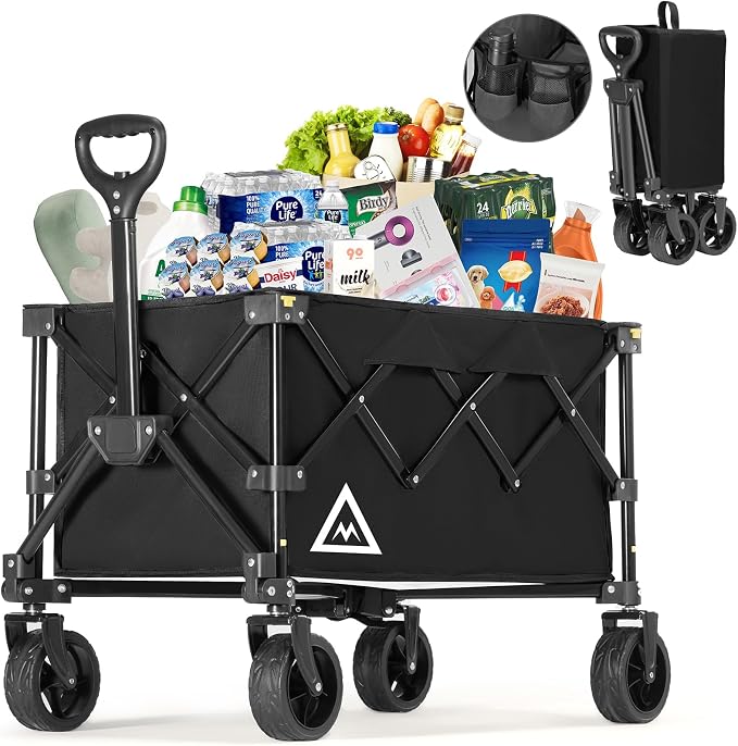 Wagon Cart Shopping Cart Large Capacity Collapsible Wagon with Wheels On Beach Garden Outdoor Utility Carts for Grocery All Terrain Portable Wagons Carts for Groceries Sand Camping Sports Black