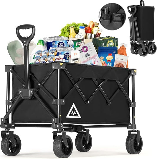 Wagon Cart Shopping Cart Large Capacity Collapsible Wagon with Wheels On Beach Garden Outdoor Utility Carts for Grocery All Terrain Portable Wagons Carts for Groceries Sand Camping Sports Black