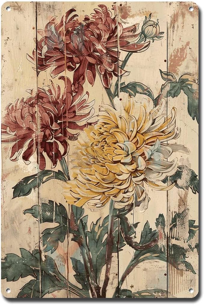 Metal Sign Tin Sign Vintage Wall Art Autumn's Antique Beauty Chrysanthemum Tin Sign for Vintage Wall Art Rustic Charm and Shabby Chic Restroom Tin Sign for Pub 8×12 Inches