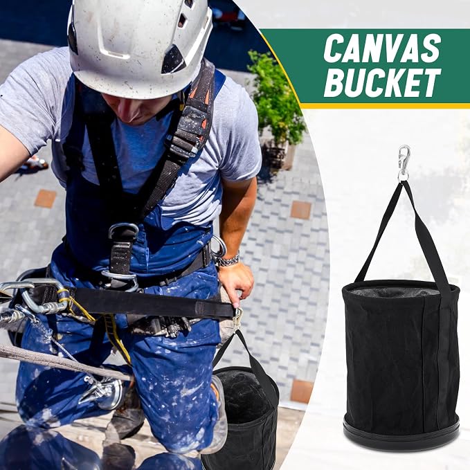 2 Pack Canvas Bucket 15" x 12" Heavy Duty Lineman Tool Bag with Plastic Bottom & Metal Hook Electrician Tool Organizer for Jobsite Use, Load Rated up to 150 Pounds (Black)