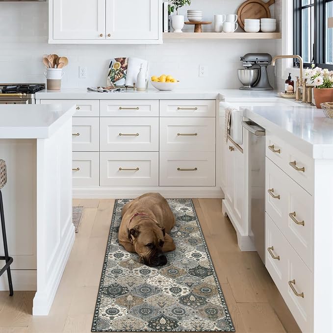 Lahome Moroccan Washable Runner Rug, 2x6 Soft Kitchen Runner Rug Non Slip | Vintage Trellis Laundry Room Rug Vintage Ultra-Thin Long Carpet for Kitchen Bedroom Elise, Grey