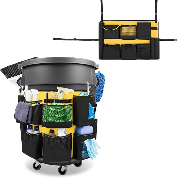 HODRANT 32-55 Gallon Trash Can Caddy Bag with Multi Pockets for Clean Tools | Garbage Bin Apron Caddy, Cleaning Tool Organizer with Adjustable Buckle for Janitorial Trash Can, Black+Yellow