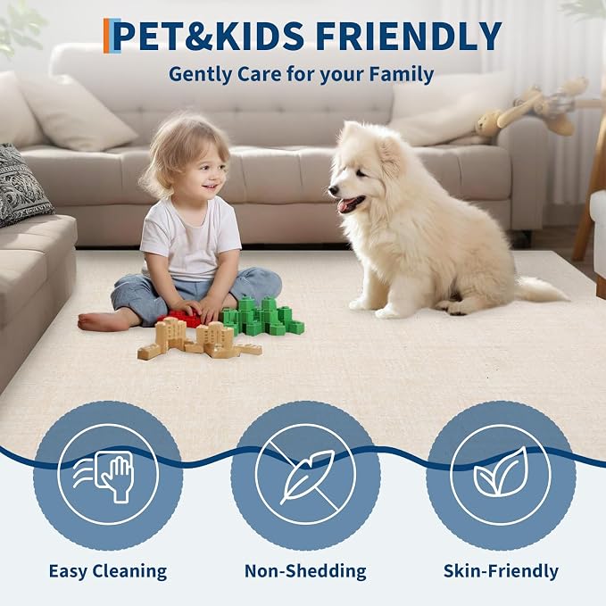Garvee Solid Washable Rug 9x12 Area Rugs for Living Room Neutral Rugs for Bedroom,Ultra Soft Faux Wool Modern Dining Room Rug,Non Slip&Non-Shedding Low Pile Print Carpet for Home Office,Ivory White
