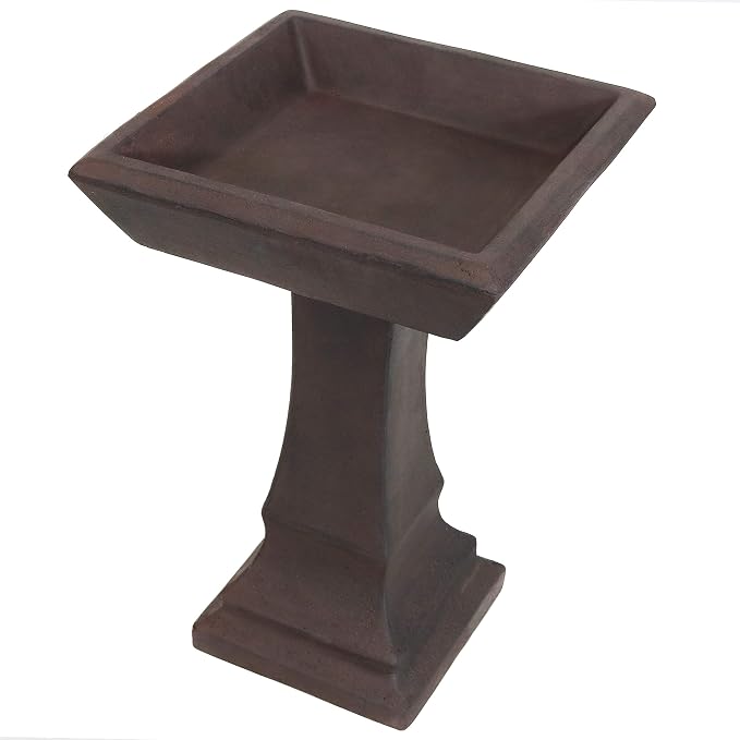 Sunnydaze 23” H Concrete Bird Bath for Outdoors - Simply Square Garden Bird Bath with Glass Fiber Reinforced Concrete Construction - Brown