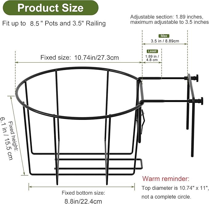 TQVAI Adjustable Hanging Railing Planter for 1.89 to 3.5 Inches Railings - Outdoor Balcony Deck Flower Pot Holder, Metal Baskets for Garden Orchid, Patio Ledge, 3 Pack, Black