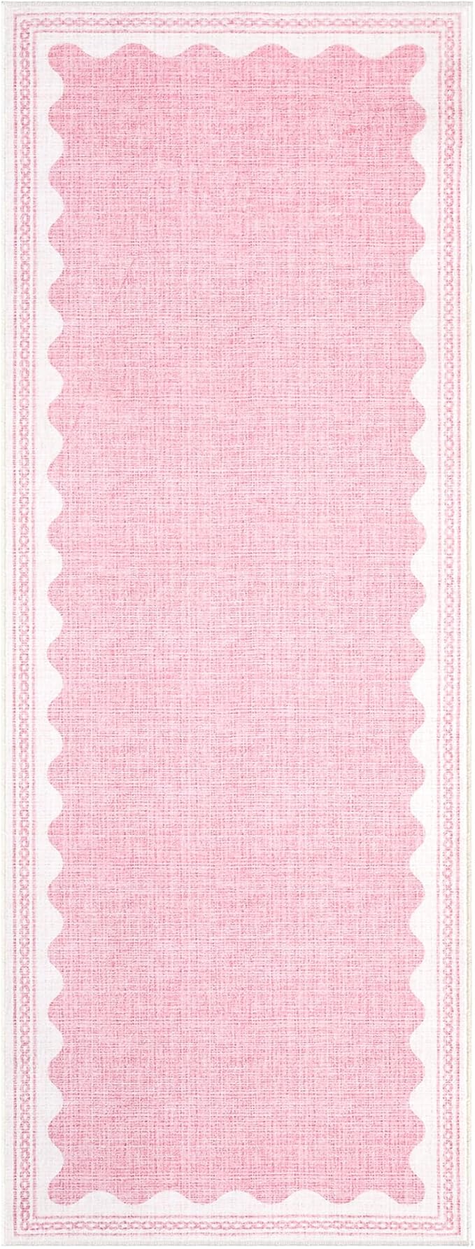 GarveeHome 2x10 Runner Rug for Hallway Washable Kitchen Rugs Non Slip Solid Pink Modern Minimalism Soft Low-Pile Scalloped Indoor Carpet for Entryway Laundry Room Floor Mats