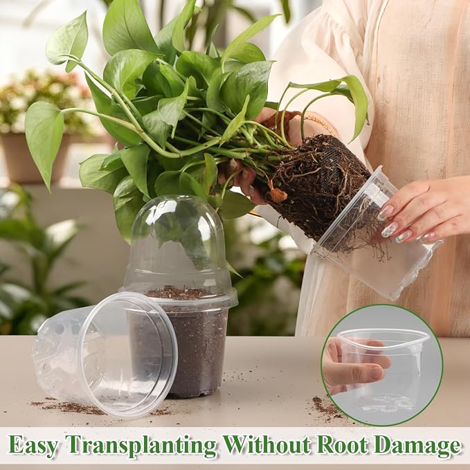 RooTrimmer 60 Pack Clear Nursery Pots with Humidity Domes, 4 Inch Plastic Plant Pots with Drainage Holes for Seedlings, Transparent Seed Starting Pot for Cuttings Propagation Indoor Gardening