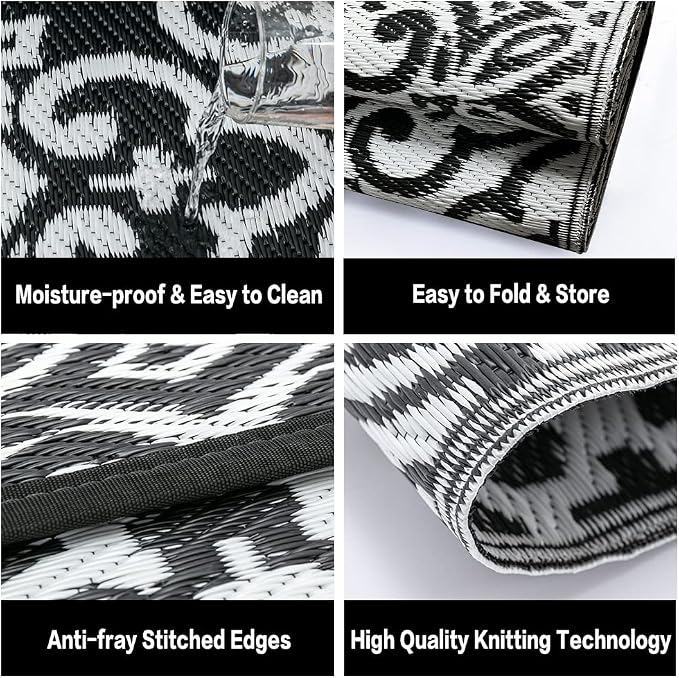 HUGEAR Outdoor Rug for Patios Clearance,Waterproof Mat,Large Outside Carpet,Reversible Plastic Straw Camping Rugs,Rv,Porch,Deck,Camper,Balcony,Backyard (5x8,Danica/Black&White)