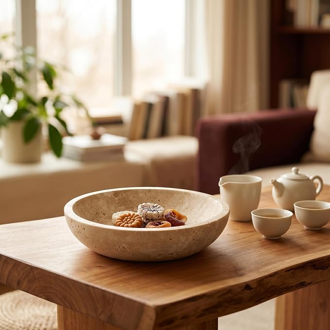 Large 7.87" Natural Travertine Stone Decorative Bowl, Beige Travertine Catchall Tray for Home Decor, Coffee Table Centerpiece, Fruit & Nut Bowl, Jewelry Dish, Key Holder (Limestone, 7.85)