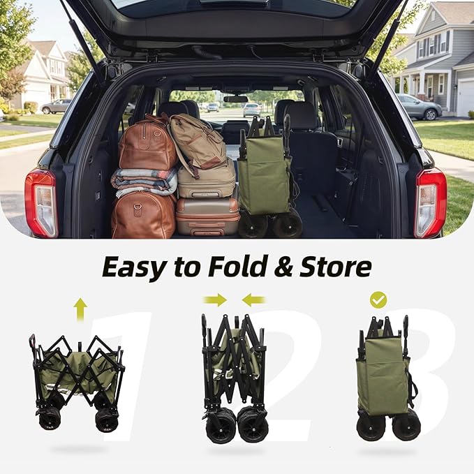 EchoSmile Collapsible Folding Wagon Cart with Compact Storage - 400Lbs Capacity All Terrain Utility Cart for Camping, Beach, Grocery, Garden,Green