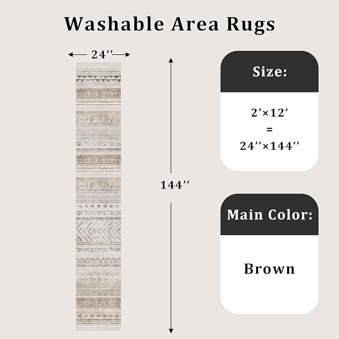 Art&Tuft 2x12 Runner Rug Non Slip, Washable Rug Runners for Hallways,Brown | Low Pile, Moroccan Soft & Lighweight, Folable, Stain Resistant 12ft Carpet Runners for Entryway,Kitchen,Living Room,Bedroom