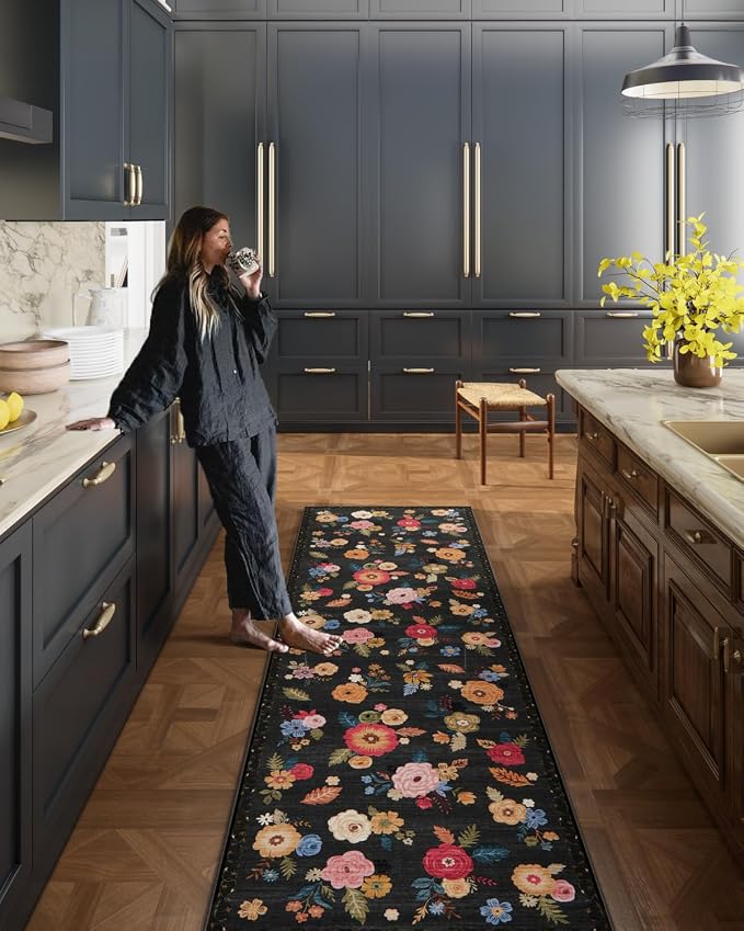 Machine Washable Rug Runners for Hallways: 2x10 Kitchen Rugs Non Slip Low Pile Soft Faux Wool Distressed Vintage Lightweight Floral Runner Rug for Entryway Bedroom Foyer Home Office Farmhouse Indoor