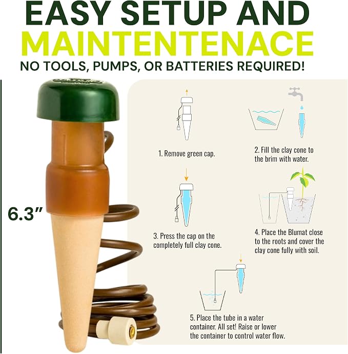 Blumat Classic Self-Watering Stakes - Prevents Overwatering and Underwatering for Healthy Growth While You are Away - Ideal for Indoor Plant Watering, 6 Pack, w Adapter