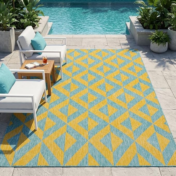Unique Loom Jill Zarin Outdoor Collection Area Rug - Napa (7' 1'' x 10' Rectangle, Yellow and Aqua/Yellow)