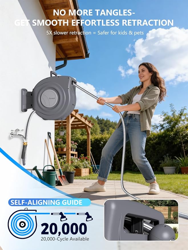 Retractable Garden Hose Reel 1/2 in x 65 ft Heavy Duty Automatic Water Hose Reel with 10-Function Sprayer Nozzle Kink-Free Auto Rewind Any-Length Lock 180° Swivel UV Resistant - Dark Gray