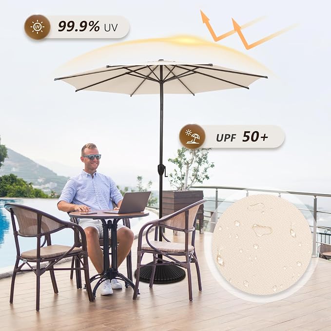 Abba Patio 9FT Lyon Outdoor Patio Umbrella Outdoor Table Umbrella with Push Button Tilt and Crank Market Umbrella 8 Sturdy Ribs UV Protection Waterproof for Garden Deck Backyard Pool Beige