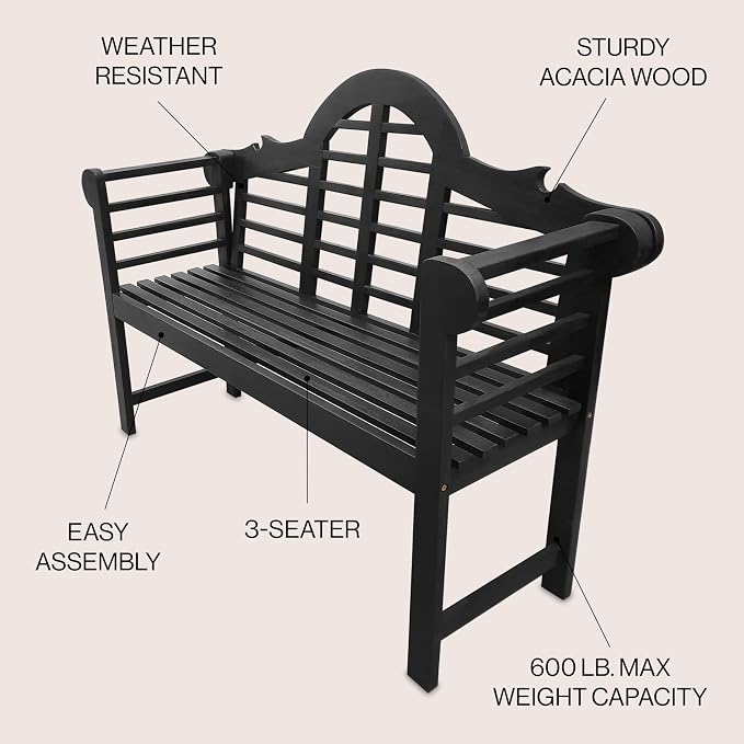 JONATHAN Y Lutyens 51" Acacia Wood Outdoor Bench, 2-Person Garden Bench with Arched Slatted Back and Armrests for Patio, Porch, Backyard, 600 lbs Capacity, Black Finish BNH103C