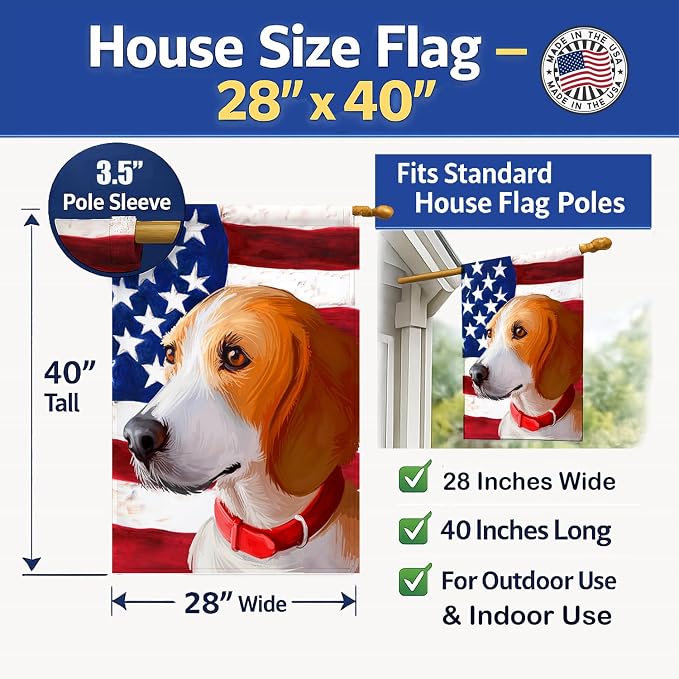 Caroline's Treasures CK6558CHF Harrier Dog American Flag House Flag Large Porch Sleeve Pole Decorative Outside Yard Banner Artwork Wall Hanging, Polyester, House Size, Multicolor