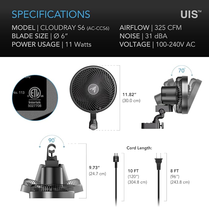 AC Infinity CLOUDRAY S6 Grow Tent Clip Fan 6”. | Redesigned Long-Life EC Motor, 10 Dynamic Wind Speeds, 10-Level Oscillation, IP-54 Weatherproof for Hydroponics, Cooling