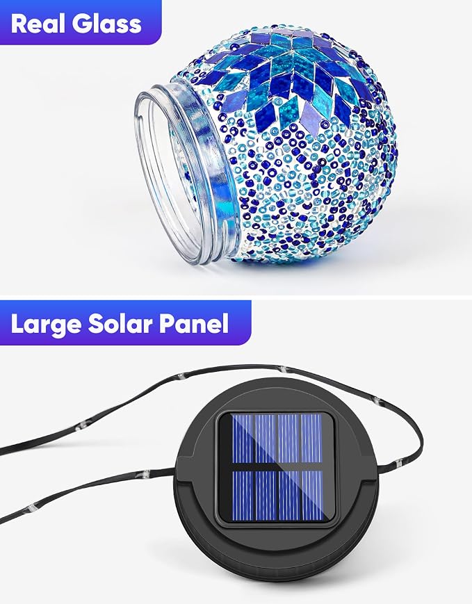 Mosaic Solar Lights Outdoor 4 Pack, Solar Hanging Lanterns Christmas Halloween Gifts for Women Mom Grandma, Waterproof Glass Globe Lights, Garden Patio Decor for Yard, Tree, Balcony, Cold