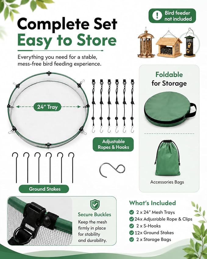 2-Pack Bird Seed Catcher Tray for Outdoor Hanging Feeders, 24" Large Upgraded Anti-Flip Feeder Tray with 4" Deep Windproof Platform, Stable Design to Catch Dropped Seeds, Fits Most Bird Feeders