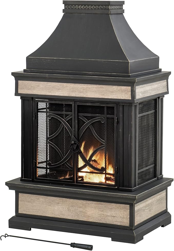 Sunjoy Outdoor Fireplace, Stone Look Tile Patio Wood Burning Steel Fireplace with Chimney, Spark Screen, Fire Poker, Rain Cover, and Removable Grate, Black with Golden Highlight