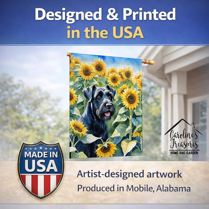 Caroline's Treasures DAC6087CHF Giant Schnauzer in Sunflowers House Flag Large Porch Sleeve Pole Decorative Outside Yard Banner Artwork Wall Hanging, Polyester, House Size, Multicolor
