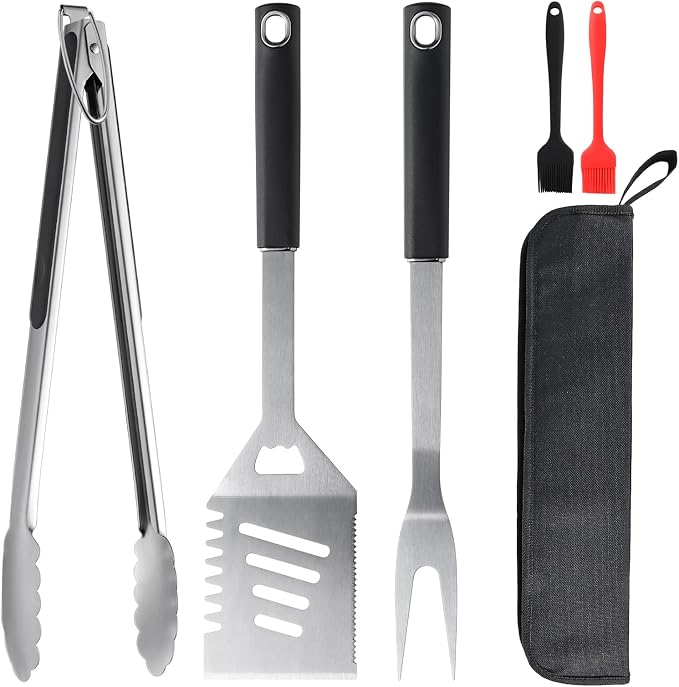 5PCS BBQ Tools, Stainless Steel Barbecue Accessories-Spatula, Fork, Tongs & Oil Brushes, Suitable for Camping and BBQ Use,Ideal BBQ Set Grilling Tools for Outdoor Grill, Gifts for Dad Husband