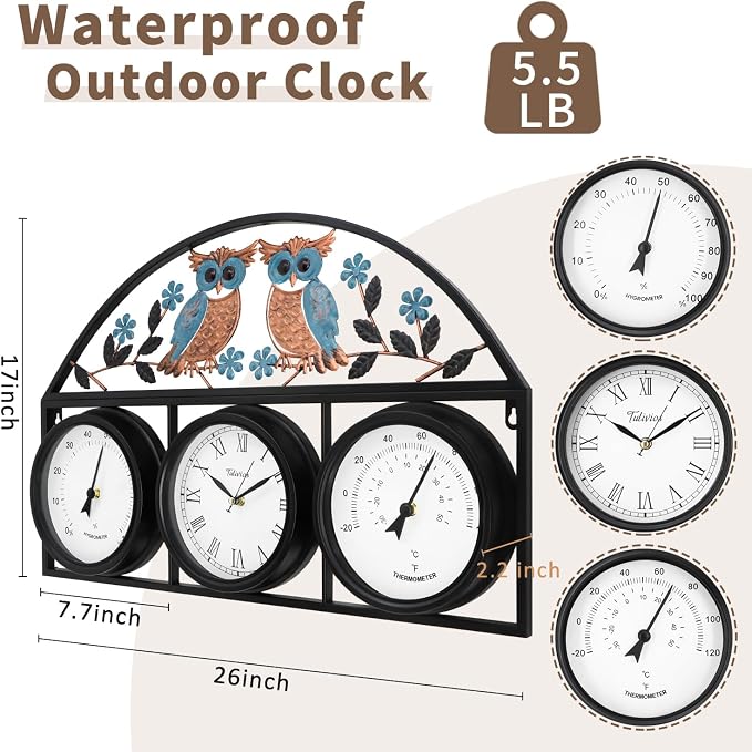 26Inch Large Outdoor Clock,Waterproof Wall Clock with Thermometer and Hygrometer Combo,Weatherproof Non-Ticking Battery Operated Decor Clock for Patio,Garden,Pool,Porch,House Warming Gifts