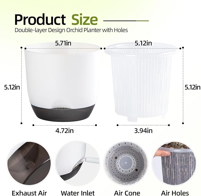 5.7Inch White Orchid Pots with Holes for Repotting, Double-Layer Plastic Self Watering Flower Pots for Indoor Plants with Drainage Holes, Clear Orchid Pot Match Decorative Orchid Container, 5 Packs